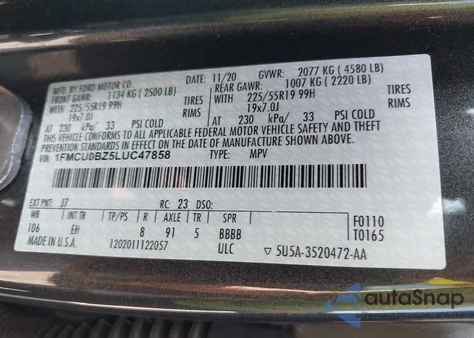 2020 Ford Escape Se Sport Hybrid z USA, uszkodzony, nr VIN 1FMCU0BZ5LUC47858